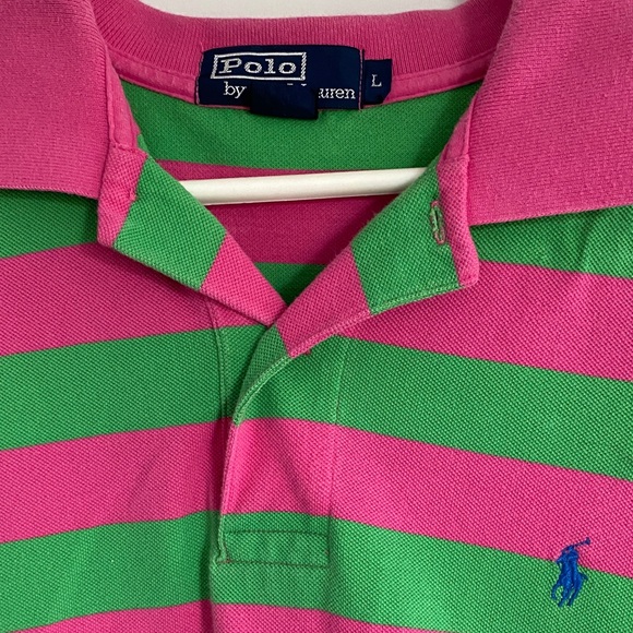 Ralph Lauren Men's Polo Shirt in Pink and Green Stripes - Picture 2 of 2